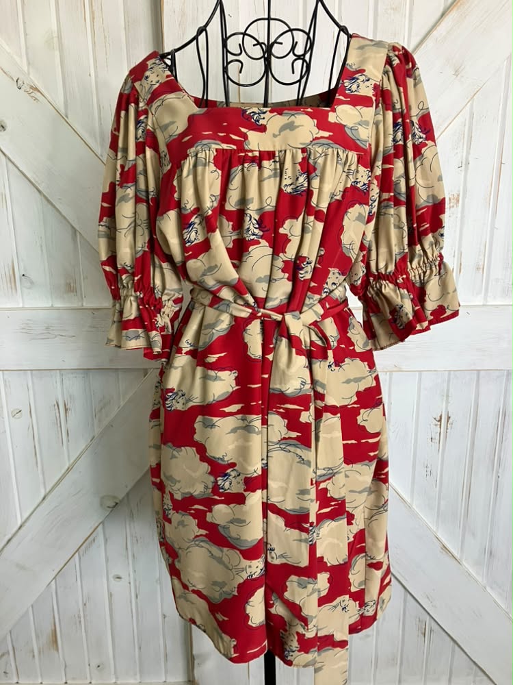 90's Vintage Betsey Johnson Red Blue Baby Girl in the Clouds Silk Mini Dress + Original Belt *FLAW