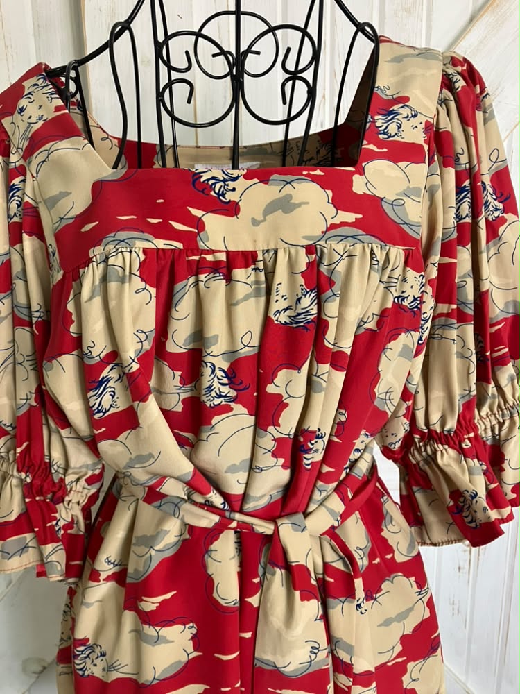 90's Vintage Betsey Johnson Red Blue Baby Girl in the Clouds Silk Mini Dress + Original Belt *FLAW