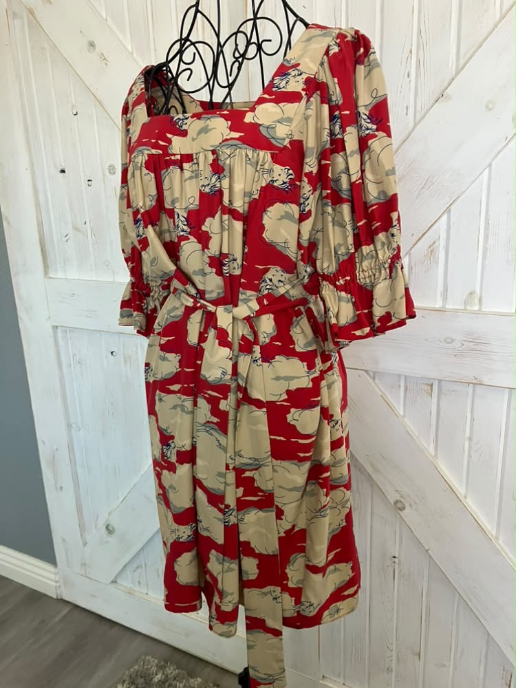90's Vintage Betsey Johnson Red Blue Baby Girl in the Clouds Silk Mini Dress + Original Belt *FLAW