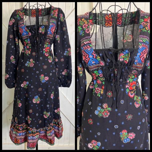 70's Vintage Black Rainbow Calico Corset Prairie Gunne Sax STYLE Midi Dress