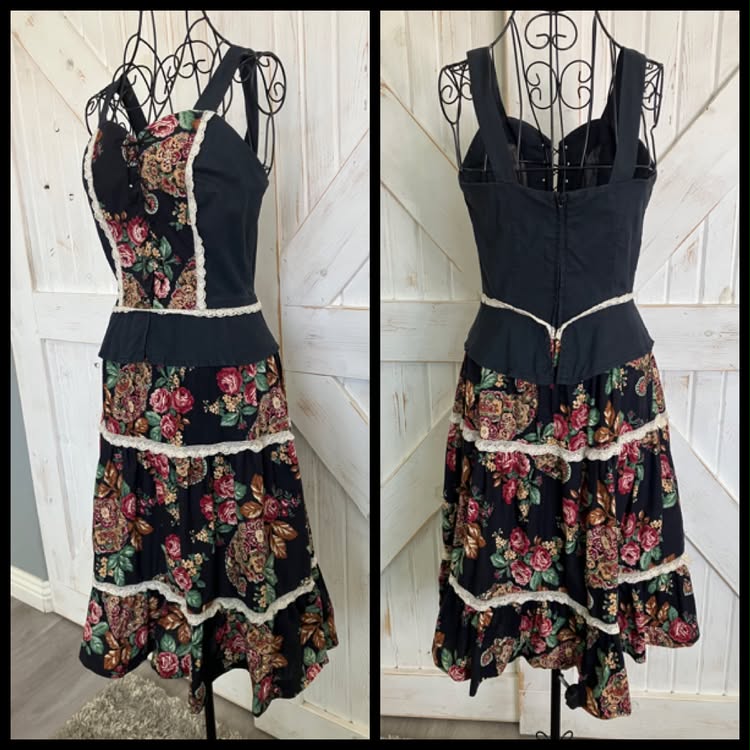 70's Vintage City Fox Black Red Green Cabbage Rose Gunne Sax STYLE Prairie Peplum Sundress Midi Dress