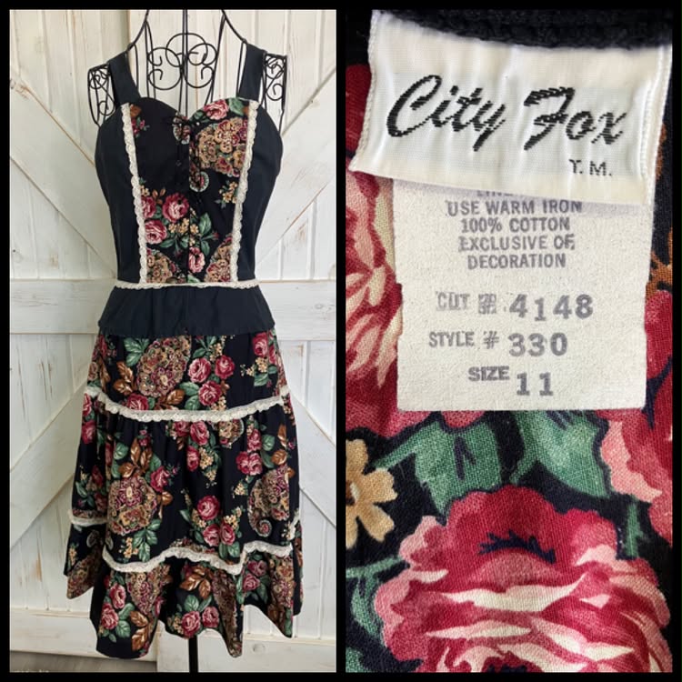 70's Vintage City Fox Black Red Green Cabbage Rose Gunne Sax STYLE Prairie Peplum Sundress Midi Dress