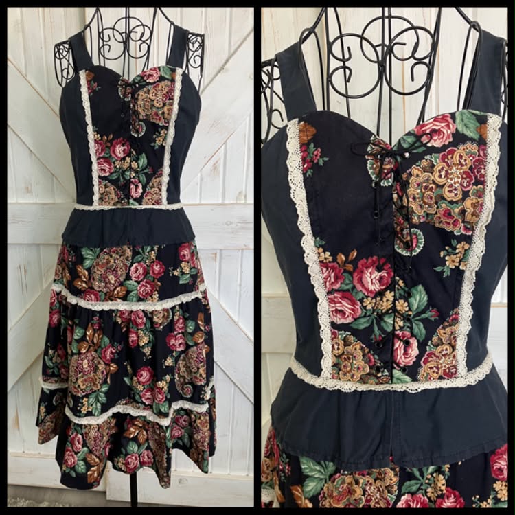70's Vintage City Fox Black Red Green Cabbage Rose Gunne Sax STYLE Prairie Peplum Sundress Midi Dress