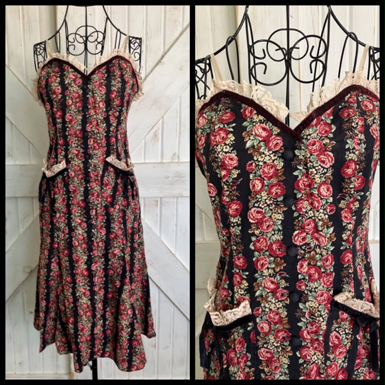 70's Vintage Climax by David Howard Black Red Cabbage Rose Calico Sweetheart Prairie Mini Dress