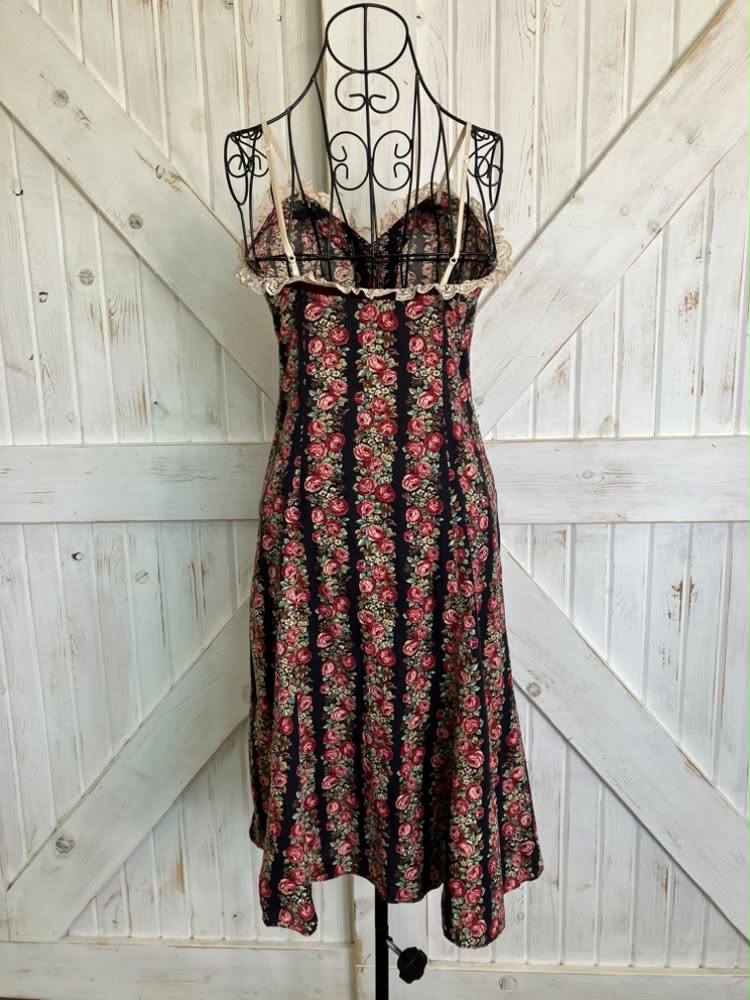 70's Vintage Climax by David Howard Black Red Cabbage Rose Calico Sweetheart Prairie Mini Dress