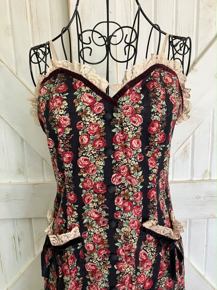70's Vintage Climax by David Howard Black Red Cabbage Rose Calico Sweetheart Prairie Mini Dress