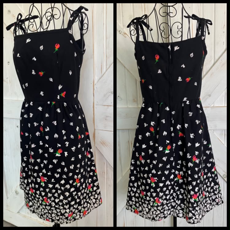 70's Vintage Malia Honolulu Black White Red Rose Calico Hawaiian Mini Sundress Dress