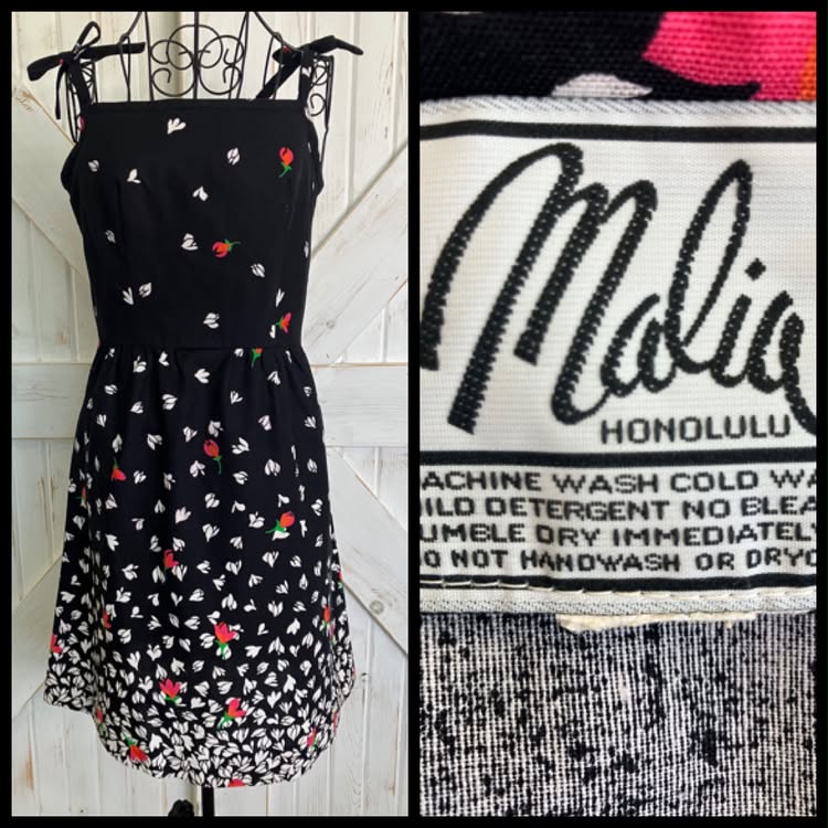 70's Vintage Malia Honolulu Black White Red Rose Calico Hawaiian Mini Sundress Dress