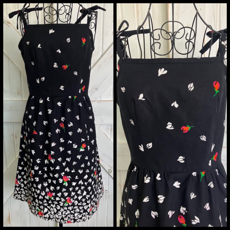 70's Vintage Malia Honolulu Black White Red Rose Calico Hawaiian Mini Sundress Dress
