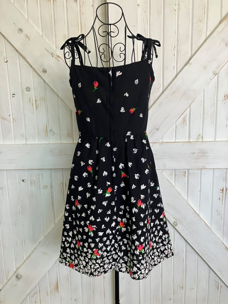70's Vintage Malia Honolulu Black White Red Rose Calico Hawaiian Mini Sundress Dress