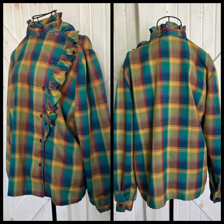 80's Vintage Jonathan Logan Fall Autumn Green Red Yellow Rainbow Plaid Ruffle Preppy Blouse Top Shirt