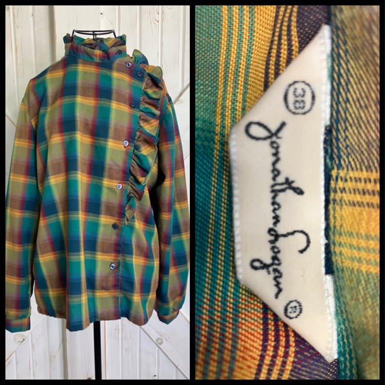 80's Vintage Jonathan Logan Fall Autumn Green Red Yellow Rainbow Plaid Ruffle Preppy Blouse Top Shirt