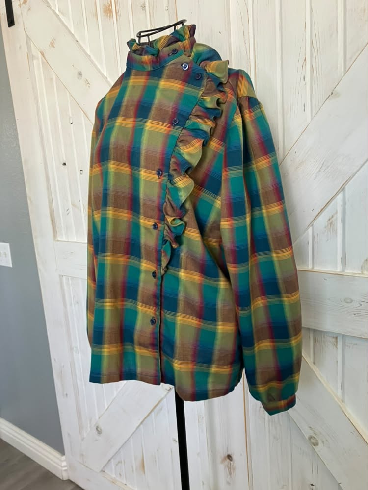 80's Vintage Jonathan Logan Fall Autumn Green Red Yellow Rainbow Plaid Ruffle Preppy Blouse Top Shirt