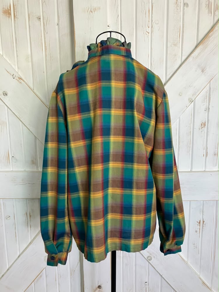 80's Vintage Jonathan Logan Fall Autumn Green Red Yellow Rainbow Plaid Ruffle Preppy Blouse Top Shirt