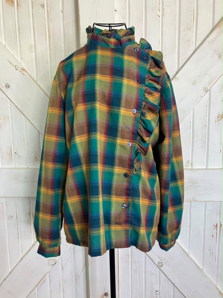 80's Vintage Jonathan Logan Fall Autumn Green Red Yellow Rainbow Plaid Ruffle Preppy Blouse Top Shirt