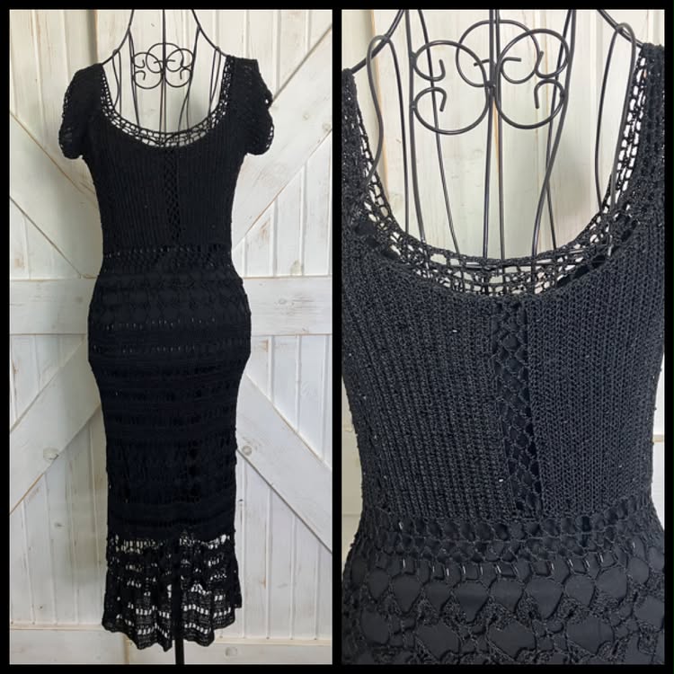 90's Vintage Cache Little Black Knit Crochet Bodycon Sheath Midi Cocktail Party Dress