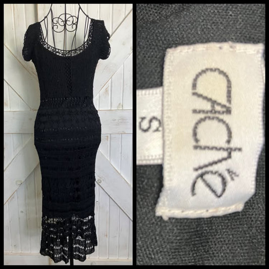 90's Vintage Cache Little Black Knit Crochet Bodycon Sheath Midi Cocktail Party Dress