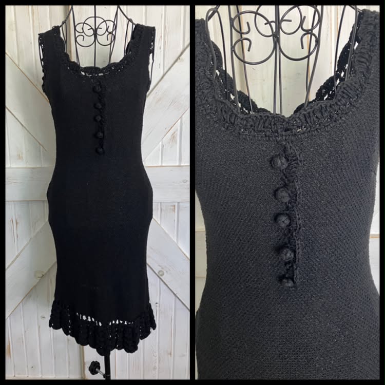 60's Vintage Cabot Linen Knit Little Black Bodycon Sheath Cocktail Party Mad Men Mini LBD Dress