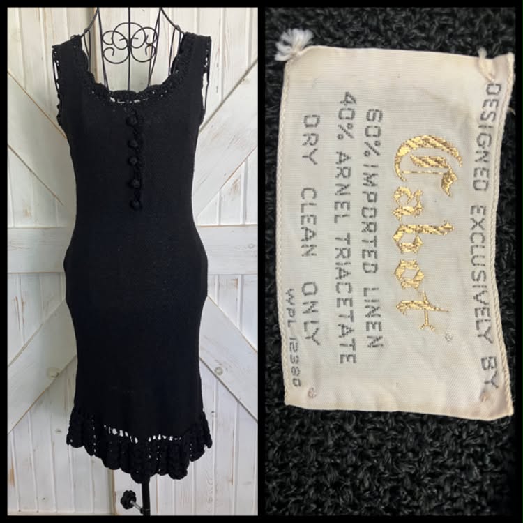 60's Vintage Cabot Linen Knit Little Black Bodycon Sheath Cocktail Party Mad Men Mini LBD Dress