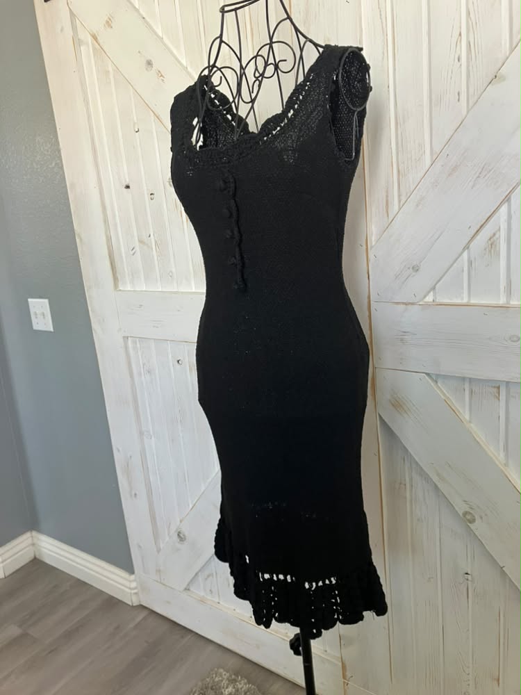 60's Vintage Cabot Linen Knit Little Black Bodycon Sheath Cocktail Party Mad Men Mini LBD Dress