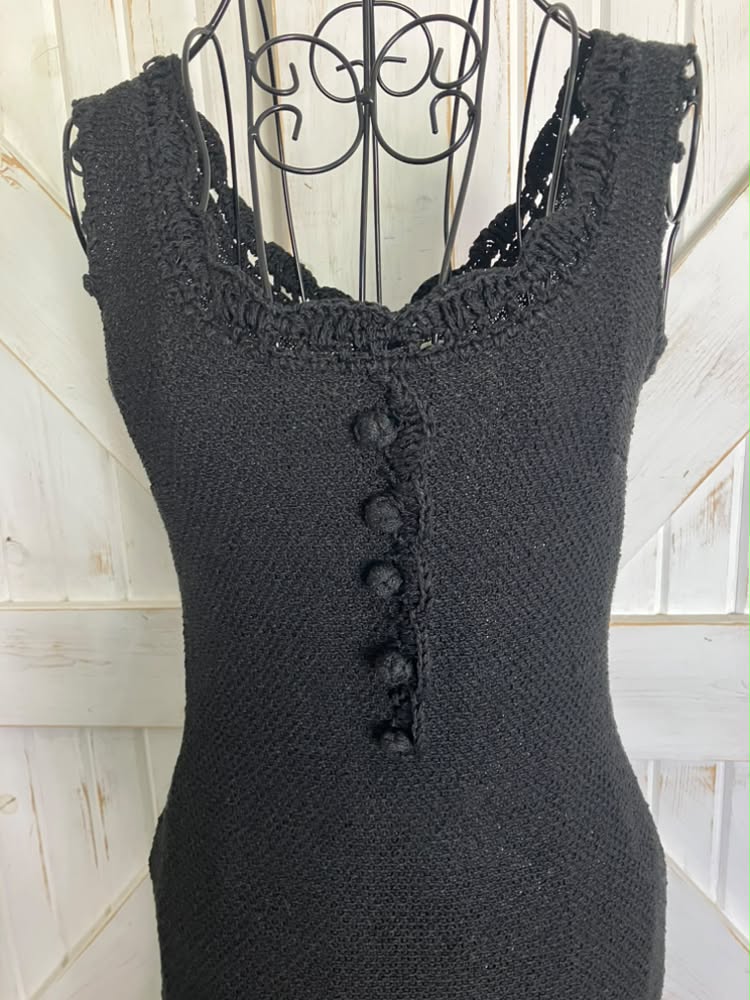 60's Vintage Cabot Linen Knit Little Black Bodycon Sheath Cocktail Party Mad Men Mini LBD Dress