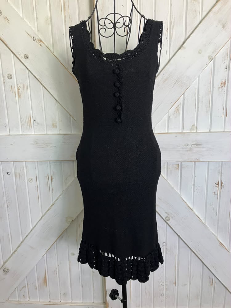 60's Vintage Cabot Linen Knit Little Black Bodycon Sheath Cocktail Party Mad Men Mini LBD Dress