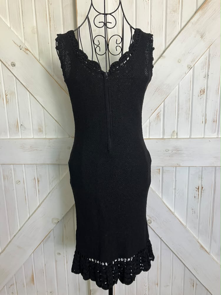 60's Vintage Cabot Linen Knit Little Black Bodycon Sheath Cocktail Party Mad Men Mini LBD Dress