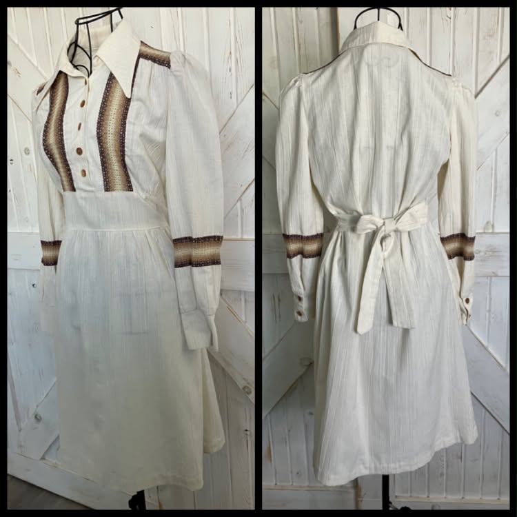 70's Vintage Ivory Beige Brown Stripe Go Go Boho Bohemian Festival Mini Dress