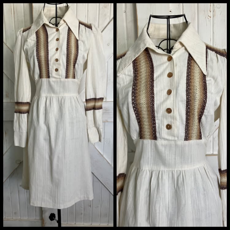 70's Vintage Ivory Beige Brown Stripe Go Go Boho Bohemian Festival Mini Dress