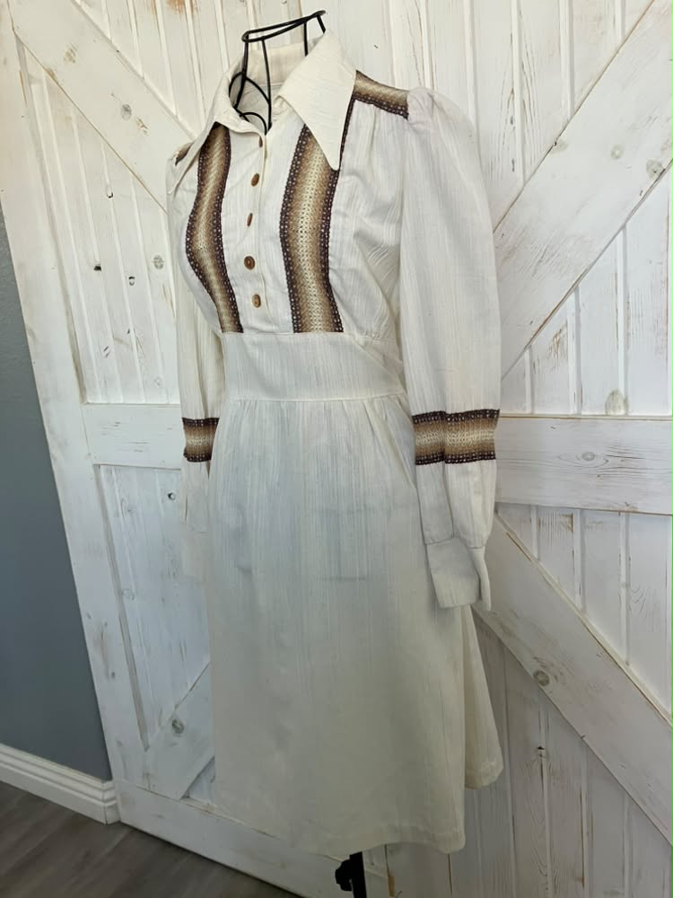 70's Vintage Ivory Beige Brown Stripe Go Go Boho Bohemian Festival Mini Dress