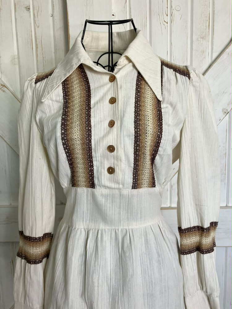 70's Vintage Ivory Beige Brown Stripe Go Go Boho Bohemian Festival Mini Dress