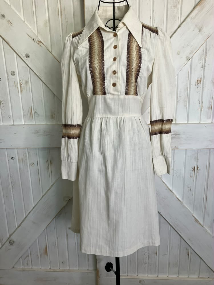 70's Vintage Ivory Beige Brown Stripe Go Go Boho Bohemian Festival Mini Dress