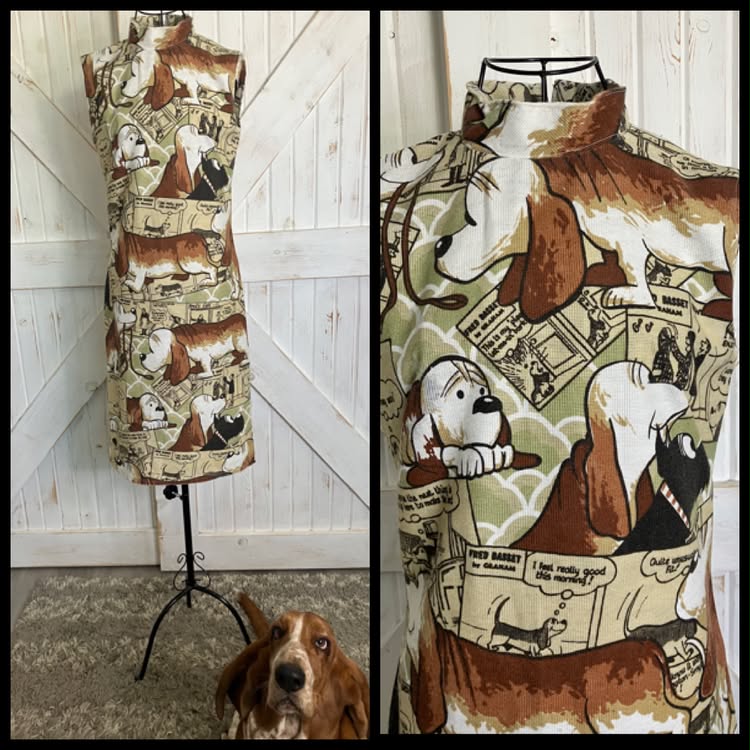 80's Vintage Handmade Fred the Basset Hound Dog Novelty Print Mini Dress