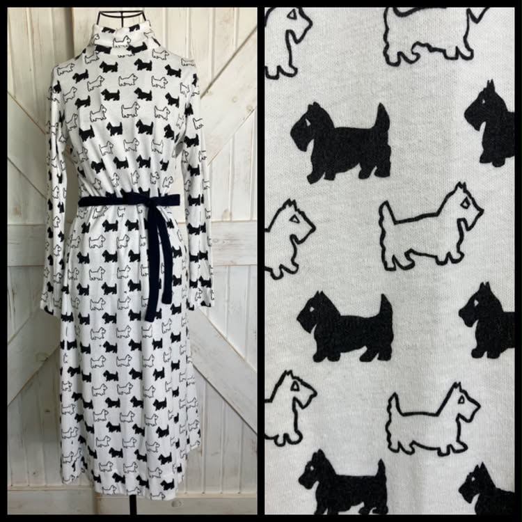 70's Vintage The Vested Gentress White Black Scottie Dog Novelty Print Jersey Midi Dress