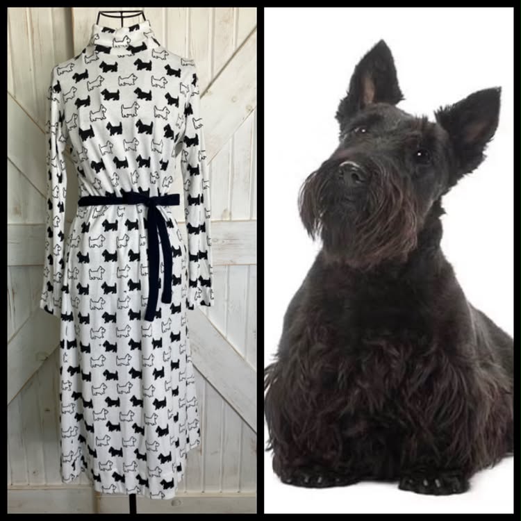 70's Vintage The Vested Gentress White Black Scottie Dog Novelty Print Jersey Midi Dress