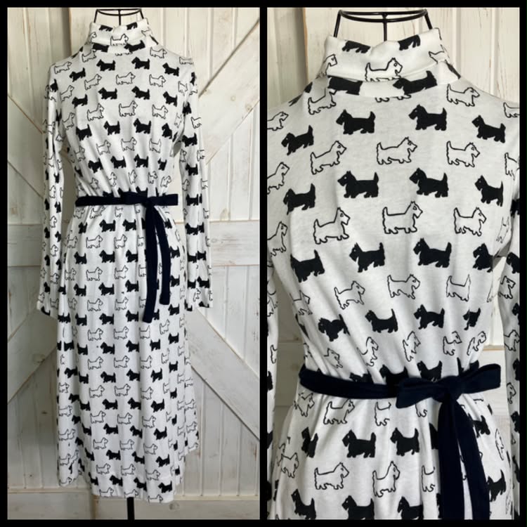 70's Vintage The Vested Gentress White Black Scottie Dog Novelty Print Jersey Midi Dress