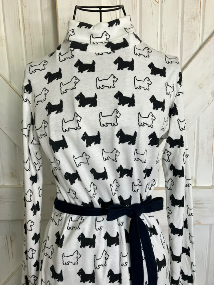 70's Vintage The Vested Gentress White Black Scottie Dog Novelty Print Jersey Midi Dress