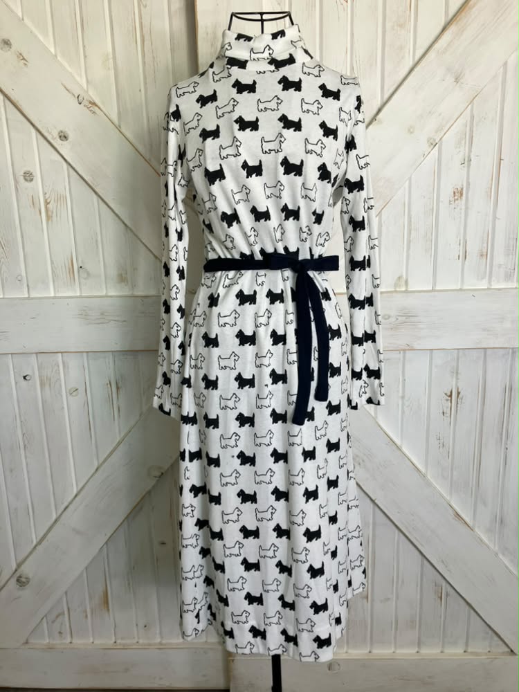 70's Vintage The Vested Gentress White Black Scottie Dog Novelty Print Jersey Midi Dress