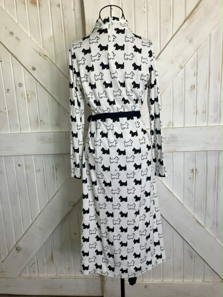 70's Vintage The Vested Gentress White Black Scottie Dog Novelty Print Jersey Midi Dress