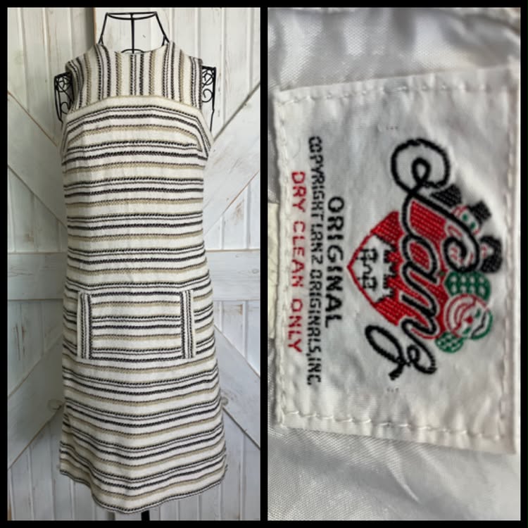 70's Vintage Lanz Original Beige Brown Stripe Mini Sundress Dress