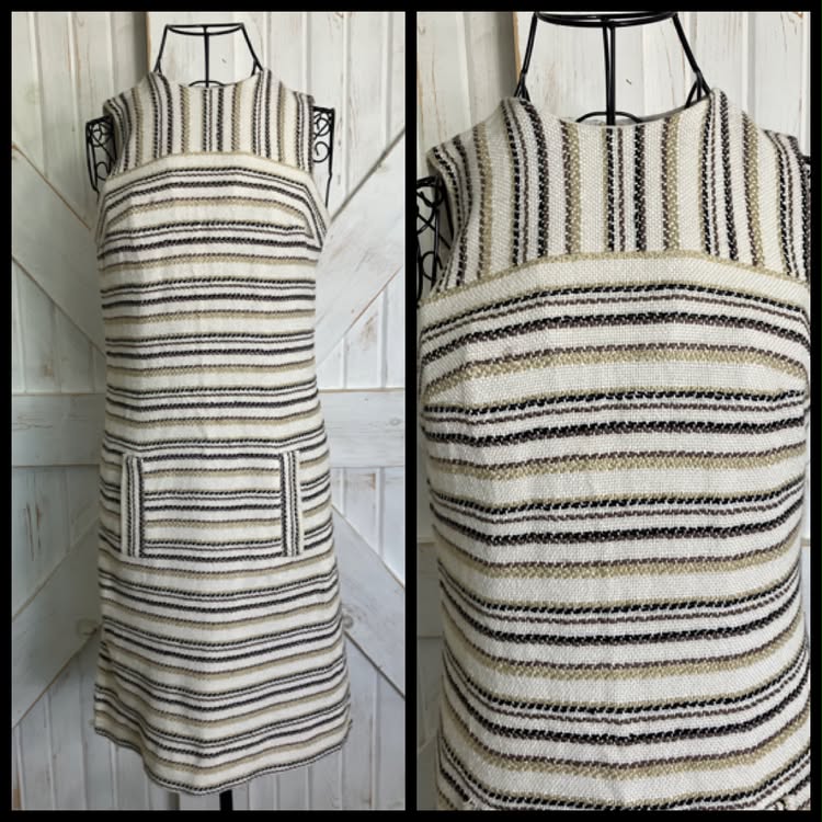 70's Vintage Lanz Original Beige Brown Stripe Mini Sundress Dress