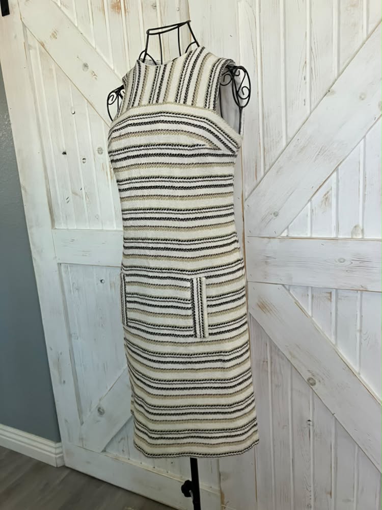 70's Vintage Lanz Original Beige Brown Stripe Mini Sundress Dress