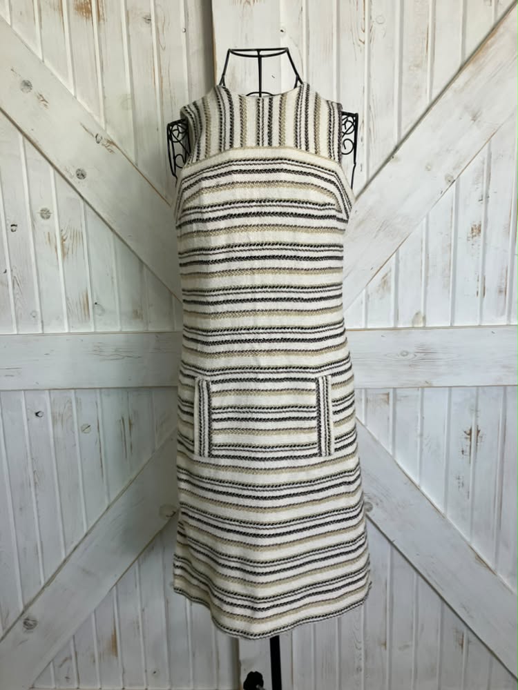 70's Vintage Lanz Original Beige Brown Stripe Mini Sundress Dress