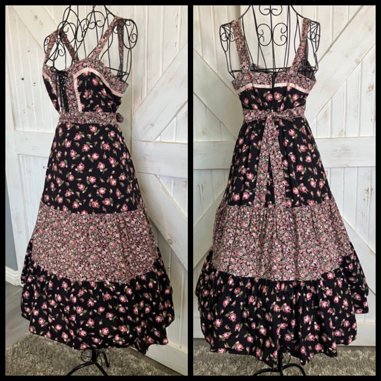 70's Vintage Black Pink Rose Calico Gunne Sax STYLE Sweetheart Prairie Corset Midi Sundress Dress