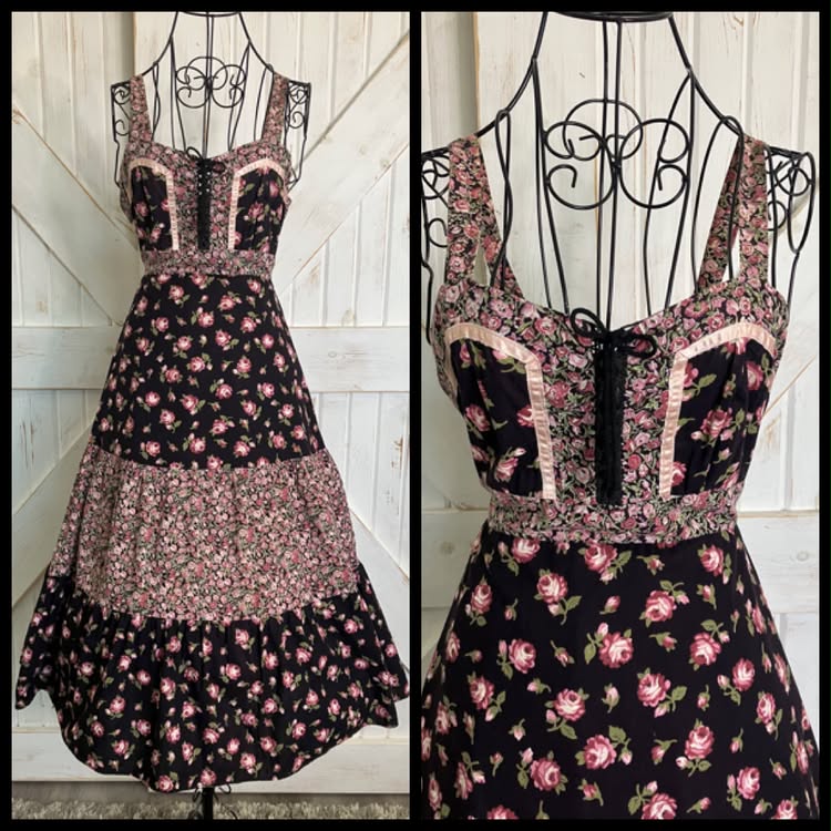 70's Vintage Black Pink Rose Calico Gunne Sax STYLE Sweetheart Prairie Corset Midi Sundress Dress