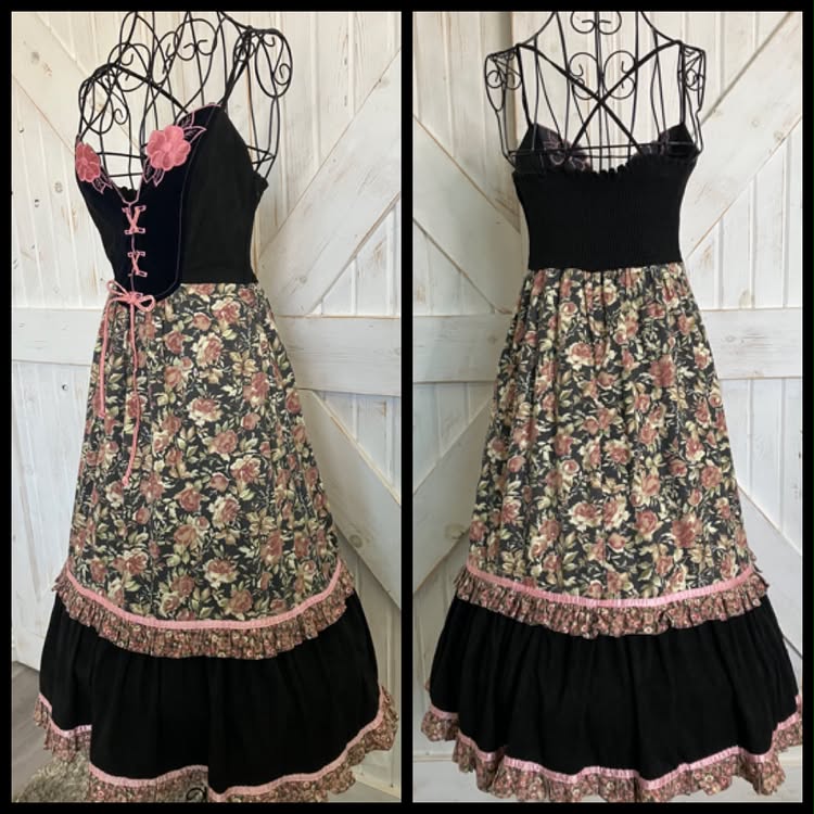 70's Vintage Young Edwardian Arpeja Black Pink Green Calico Rose Corset Sweetheart Midi Sundress Dress
