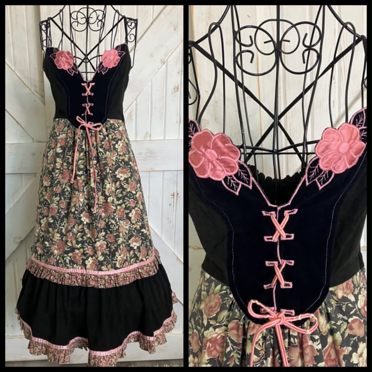 70's Vintage Young Edwardian Arpeja Black Pink Green Calico Rose Corset Sweetheart Midi Sundress Dress