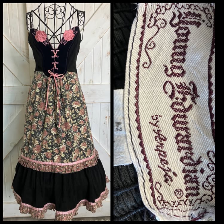 70's Vintage Young Edwardian Arpeja Black Pink Green Calico Rose Corset Sweetheart Midi Sundress Dress