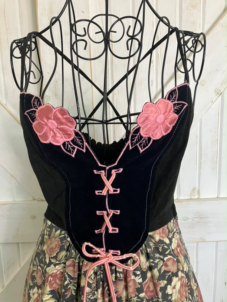 70's Vintage Young Edwardian Arpeja Black Pink Green Calico Rose Corset Sweetheart Midi Sundress Dress