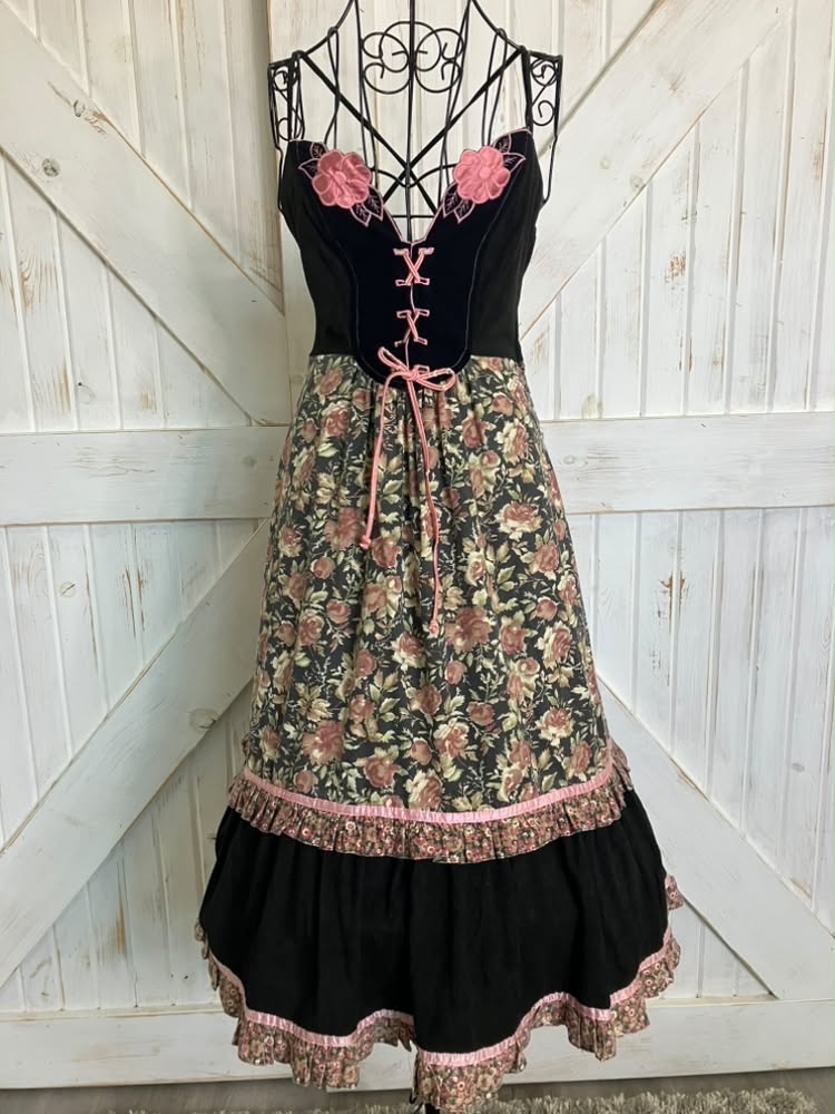 70's Vintage Young Edwardian Arpeja Black Pink Green Calico Rose Corset Sweetheart Midi Sundress Dress